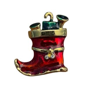 CLASSIC CHRISTMAS BROOCH ELF BOOT FILLED WITH GIFTS PRESENTS RHINESTONES ENAMEL